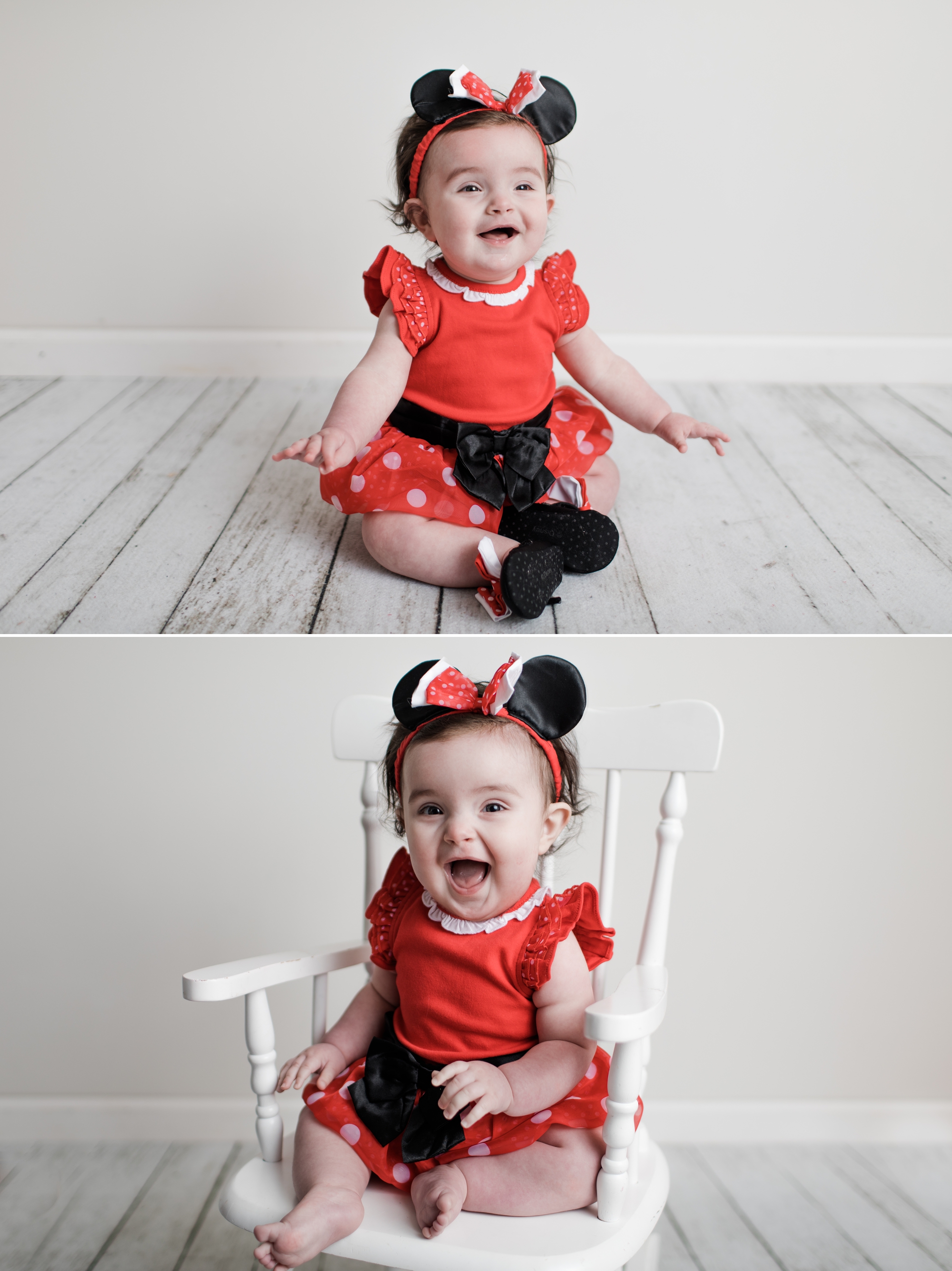 sitter session photography little girl in a Minnie Mouse outfit sitting in a rocking chair