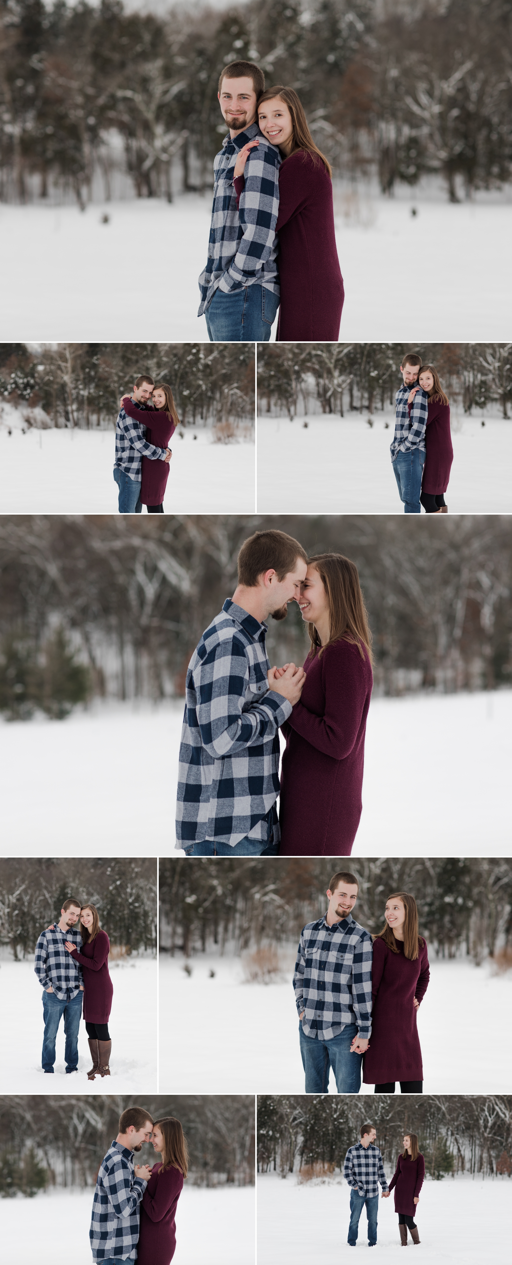snowy engagement session couple posing by a tree line holding hands