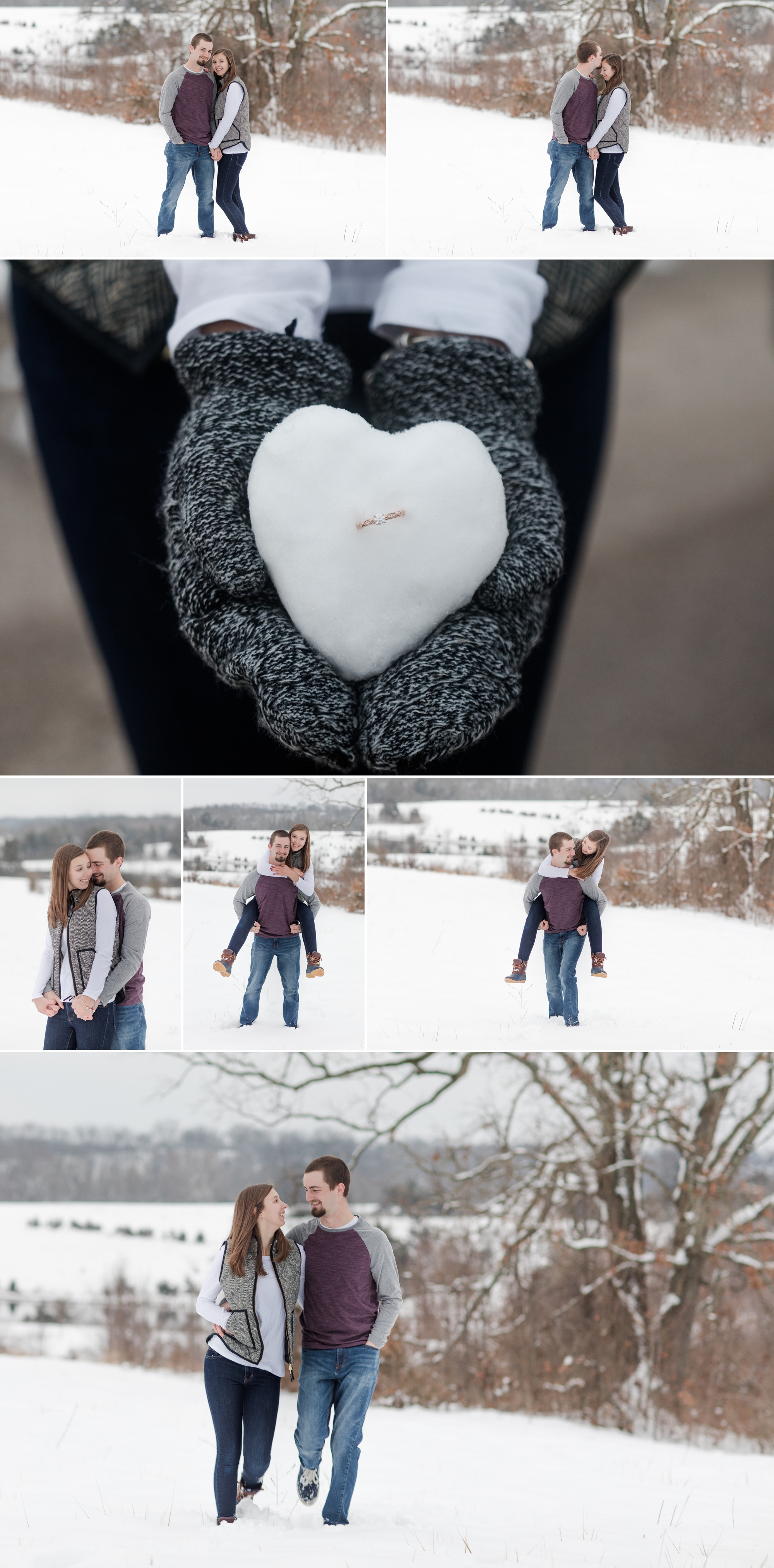 snowy engagement session couple posing by a lake on piggy back ring in snow heart