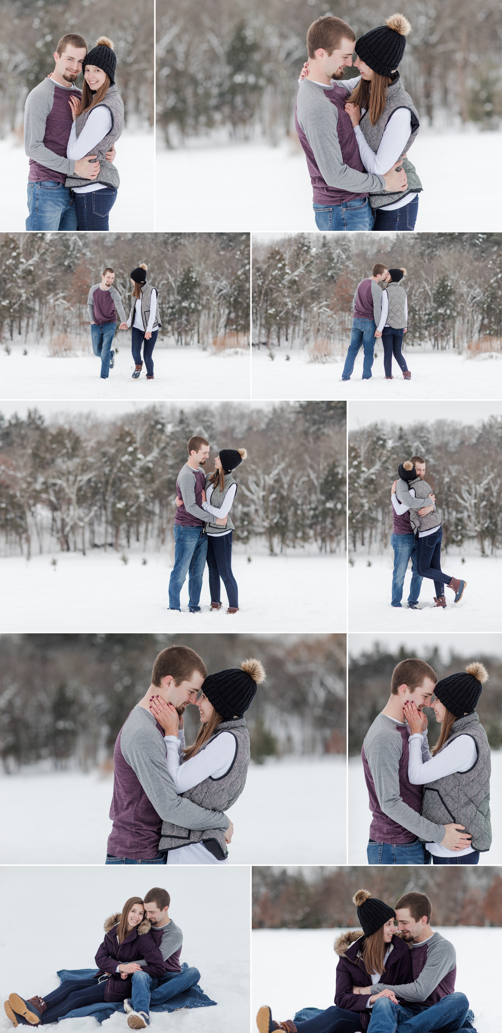 snowy engagement session couple posing by a tree line snuggling