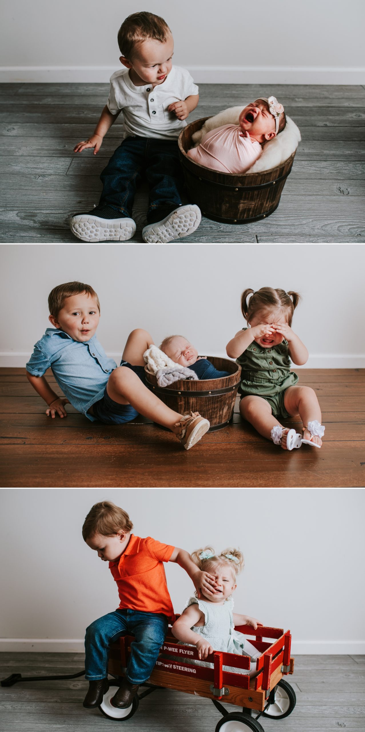 Silly images of siblings making each other cry at a photo session.  Bloopers and outtakes.  Baby Photographer 63090