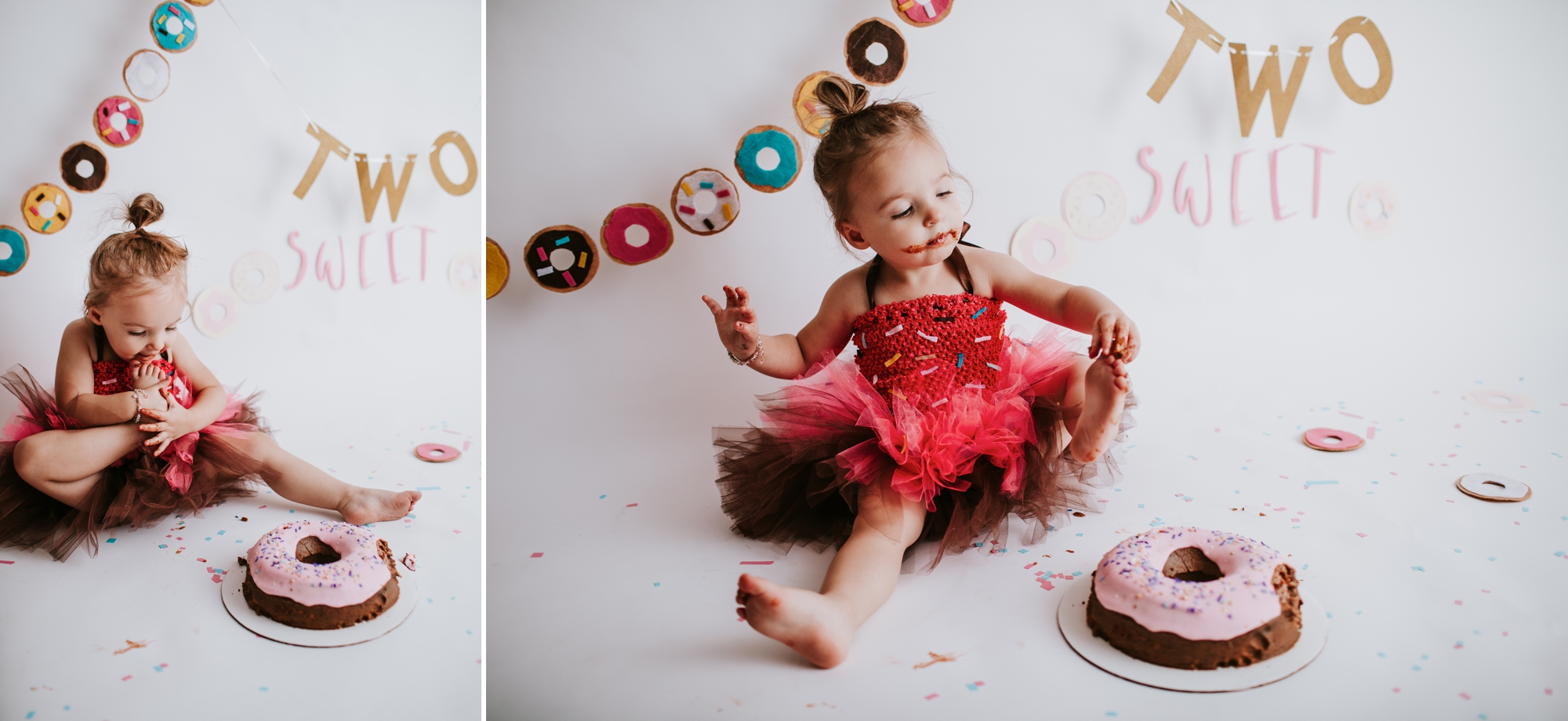 Girl getting icing off her toes at a cake smash session.  Birthday Photographer 63090