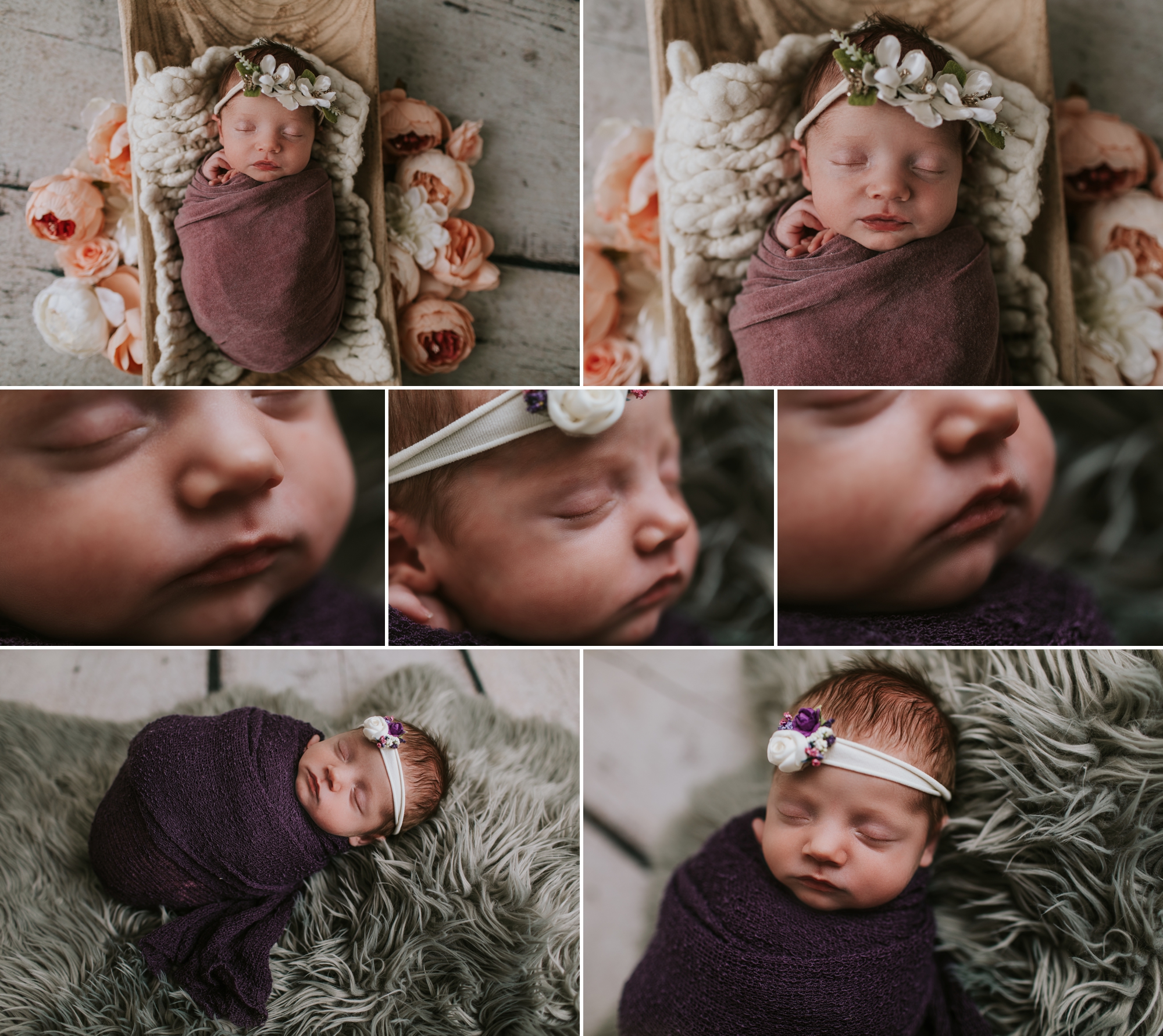 girl newborn session white floral headband gray fur rug large peach florals newborn maternity photographer 63090