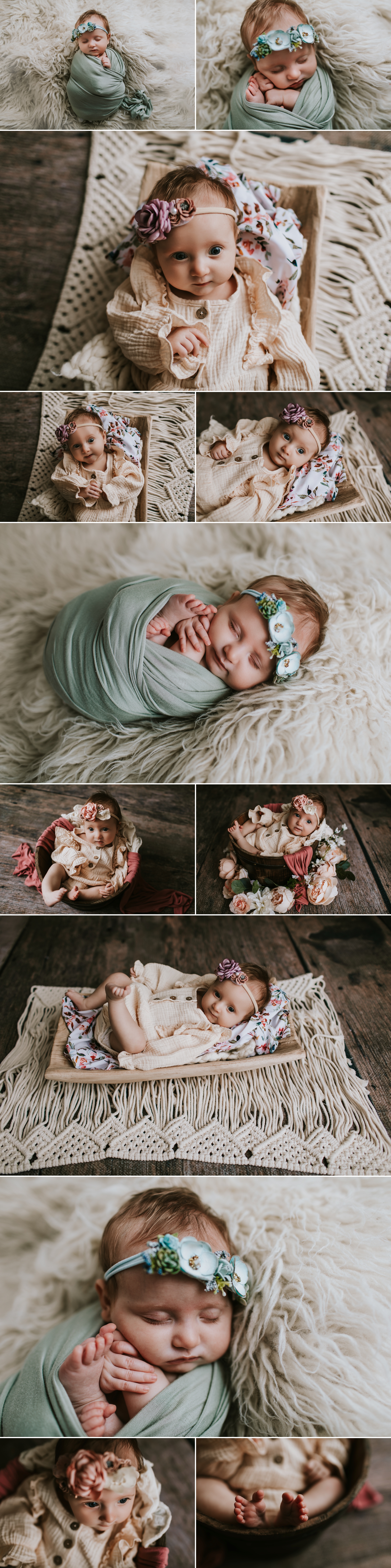 8 week newborn session floral headbands macrame baby girl furry rugs boho photographer 63090