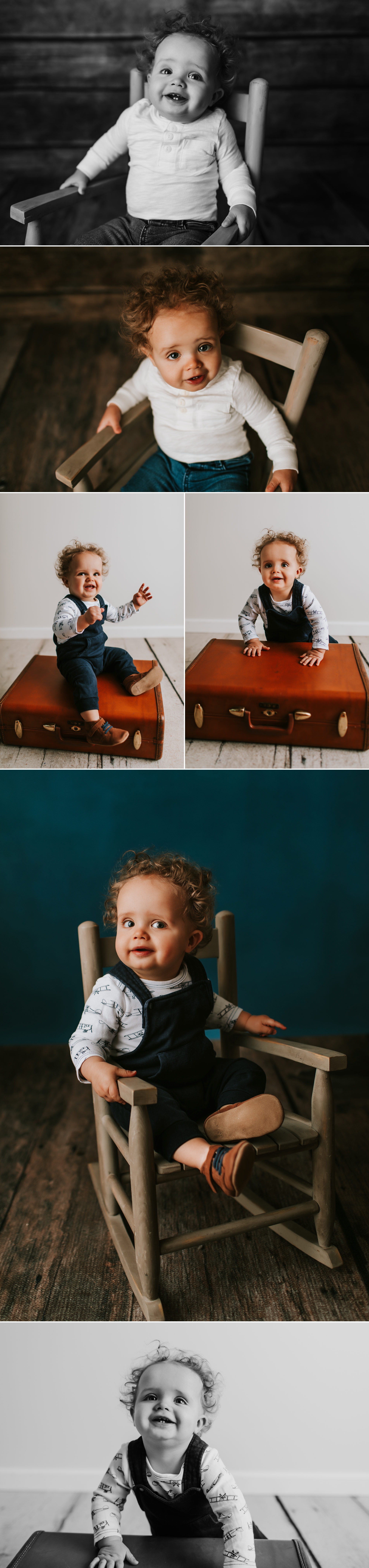 first birthday boy photography session rocking chair suitcase