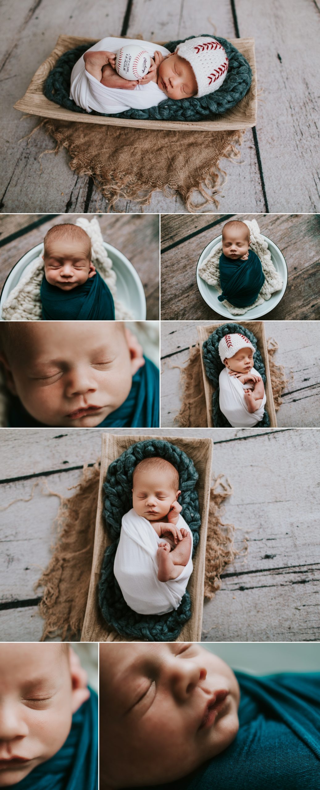sweet sleepy newborn in St Louis Cardinals gear in a wooden tray newborn photographer 63090